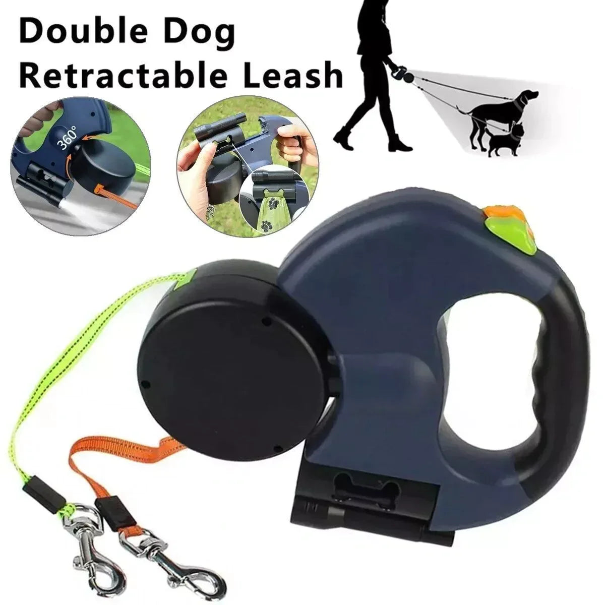 Dual Pet Leash – Retractable Reflective Lead with 360° Swivel for Double Dog Walking